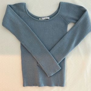 Zara Baby Blue Ribbed Knit Top - Off the shoulders